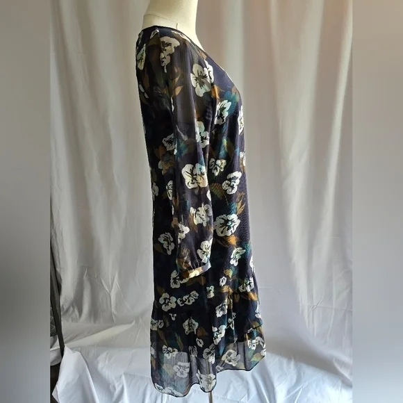 Cabi Pirouette Floral V-Neck Shift Dress Long-Sleeve Ruffle Hem Blue Multi Sz XS - Picture 4 of 14
